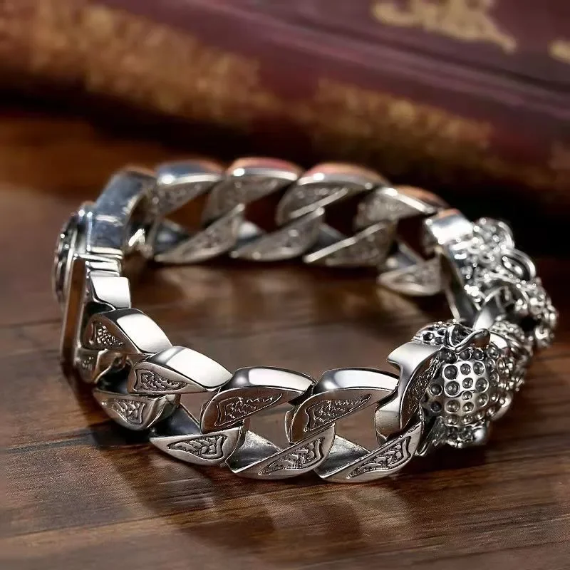 Real S925 Sterling Silver Double Leopard Head Woven Bracelet, Motorcycle Overbearing Wristband Factory Price Gift for Men
