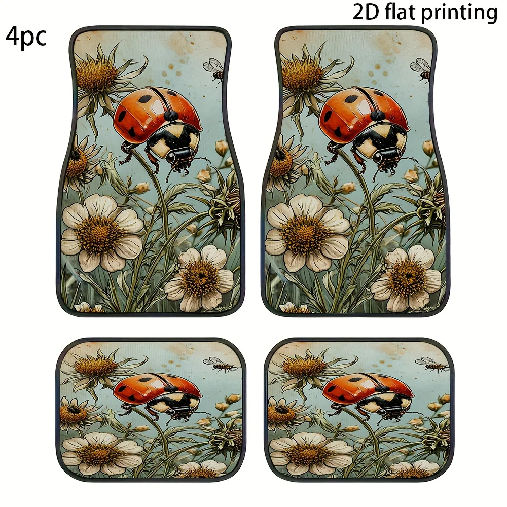 Just, 4pcs Car Floor Mats, Ladybug And Bee Pattern In Flowers, Polyester Fiber Material, Neutral Car Floor Mats, All Year Roundn