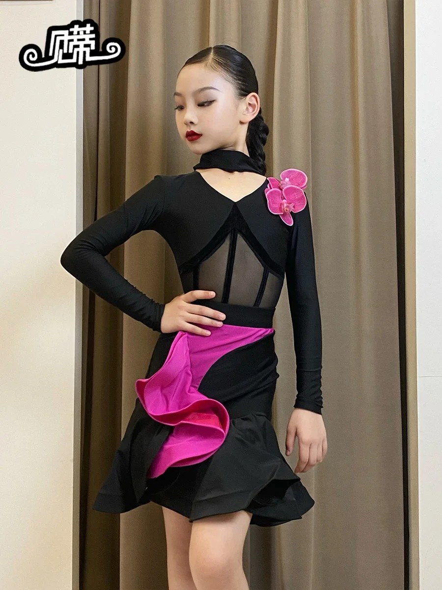 女の子セクシーなパッチワークチャチャタンゴダンス衣装クラシックスタイル子供ローズフラワーラテンダンス衣装