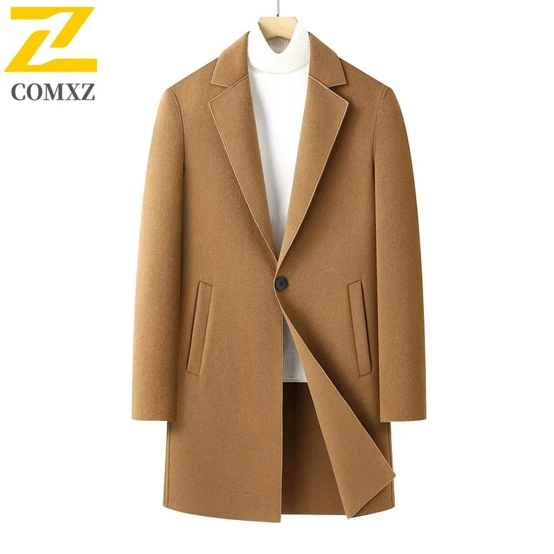 

COMXZ 2025 Mens Double Faced Wool Cashmere Overcoat Mid Length Casual outdoor sports Tweed Coat Autumn Winter Luxury Outerwear
