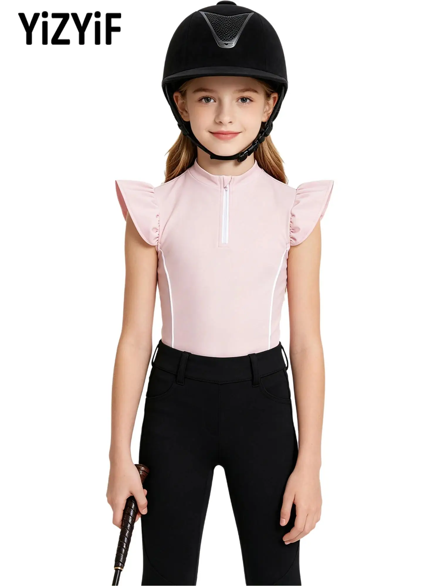 Youth Girls Equestrian Shirt Zip Up Stand Collar Ruffled Sleeves Contrast Trim Quick Dry Breathable Stretchy for Riding