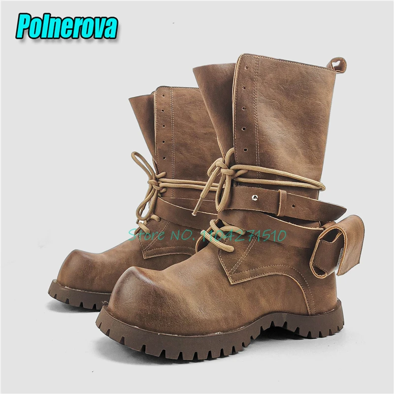 Retro Brown Leather Thick Soled Lace Up Motorcycle Boots Pocket Decor Belt Buckle Round Toe Height Increasing Women Calf Boots