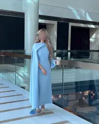 Mermaid Light Sky Blue Satin Prom Dresses Long Sleeve Beadings Ankle Length Formal Occasion Dress Evening Dress