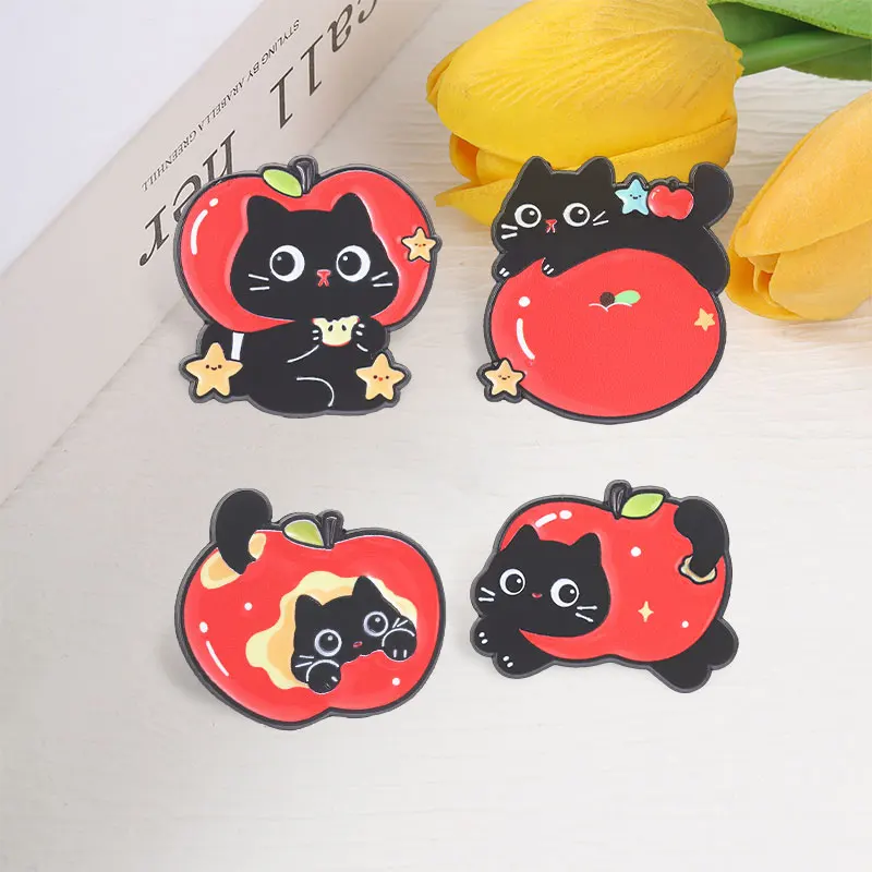 Schwarze Katze Apfel Cartoon Emaille-Pin Niedliches Frucht-Tier-Design Metall-Brosche Rucksack Revers Hut Anstecknadel Lustiges Schmuckgeschenk für Freunde – Detail 9