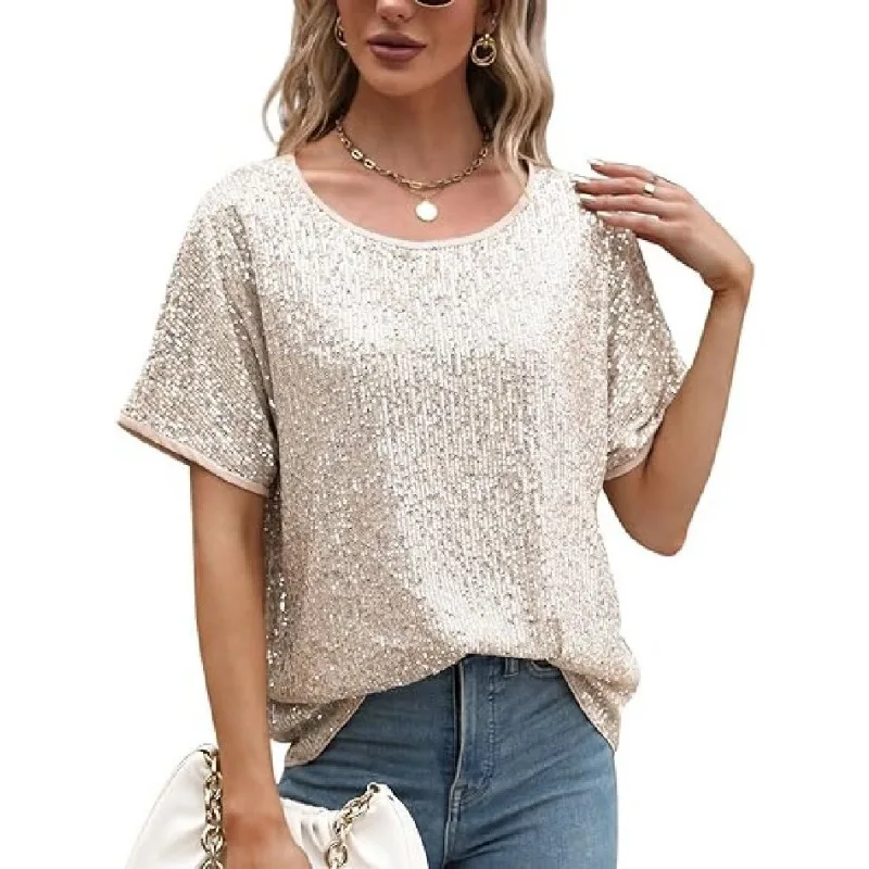 2024 Elegant Elegant New Loose Sequins Shoulder Short Sleeve Casual Sequin Deep V Shirt