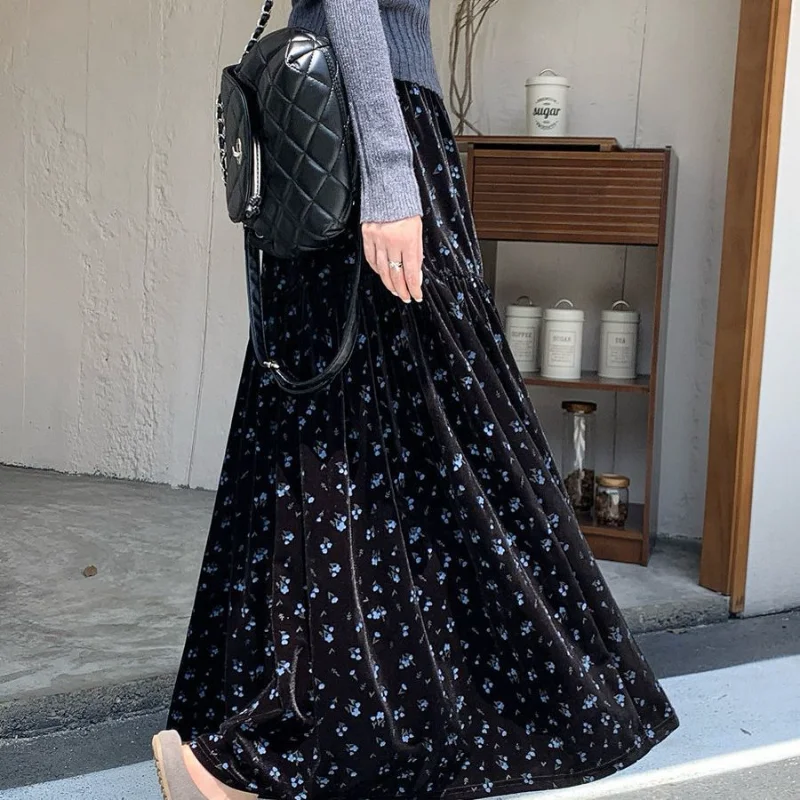 Golden Velvet Half Length Skirt Floral Autumn/Winter New Style Elastic High Waist Wrinkles Look Thin Retro All Match Skirt