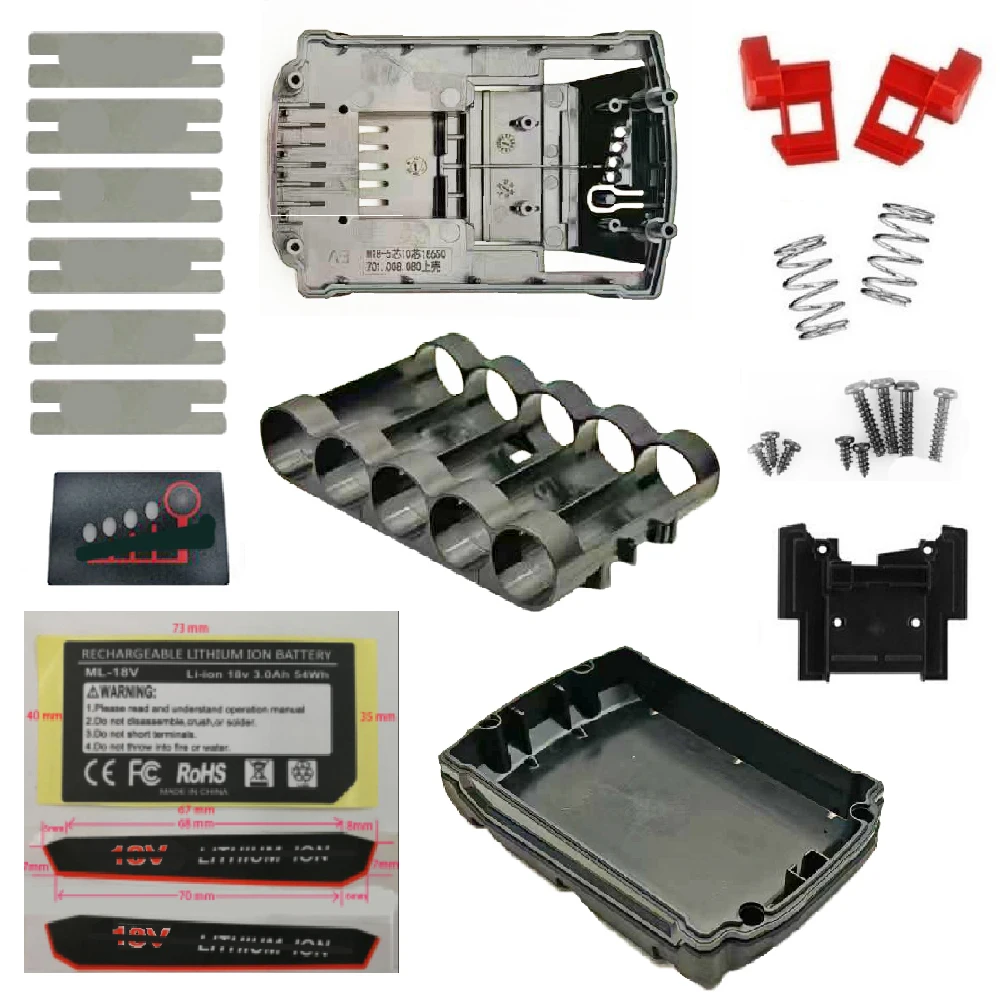For M18 Li-ion Battery Plastic Case 5X18650 Box Shell For Milwaukee 18V 3Ah Label Lithium Battery Pack Housing Spring Key Screw