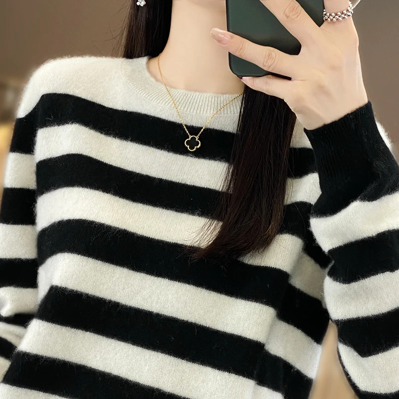 Women\'s Sweater Winter 100% Pure Wool Hoodie Casual Striped Knitted Blouse Round Neck Loose Tops Versatile Basic Base Sweater