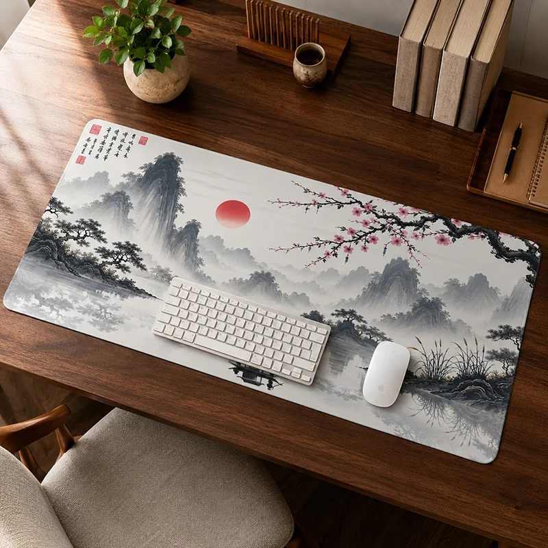 Mouse Pad Ink Landscape Red Sun Cherry Blossom Gaming printon demand Mousepad XXL Desk Mats Soft Computer Desktop Mouse Pad