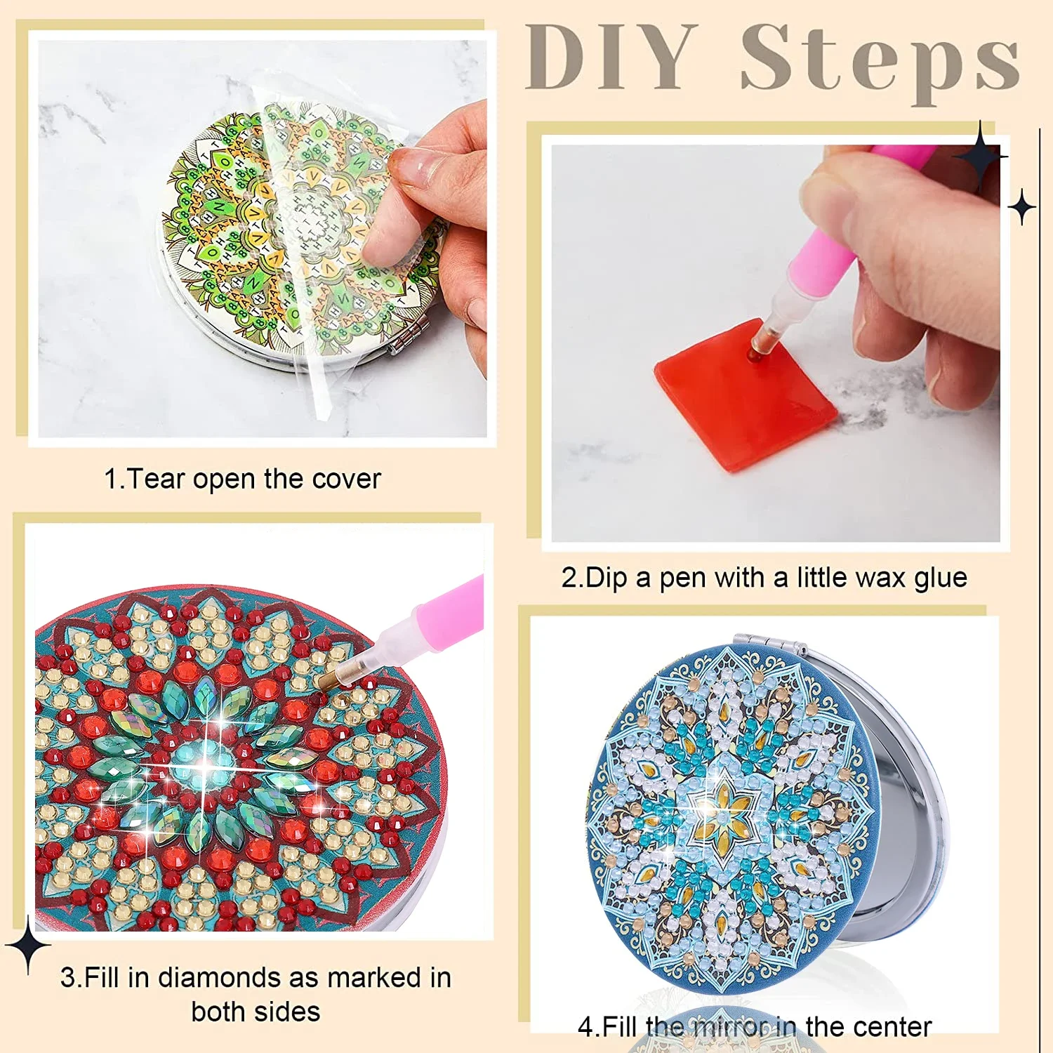 1pc/Set DIY Mandala Diamond Art Mirror Compact Portable Folding Mirror for Women Flowers Diamond Painting Mirror Kits for Adults