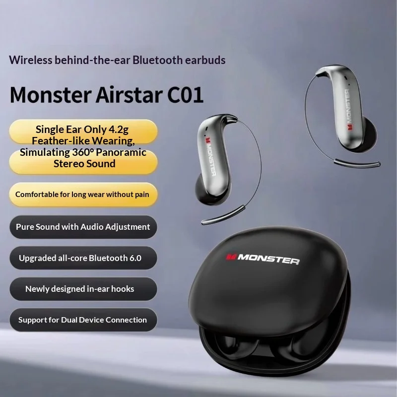 

Беспроводные Bluetooth 6.0 наушники Monster C01 с креплением на ухо, открытая конструкция, шумоподавление при звонках, водонепроницаемость IPX5