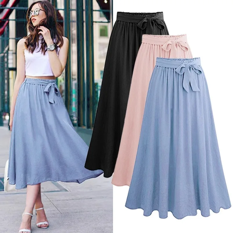Chiffon-Röcke mit Schleife für Damen, mittellang, hohe Taille, A-Linie, große Swing-Röcke, süßes Rosa, einfarbig, Sommer, Neu 8536