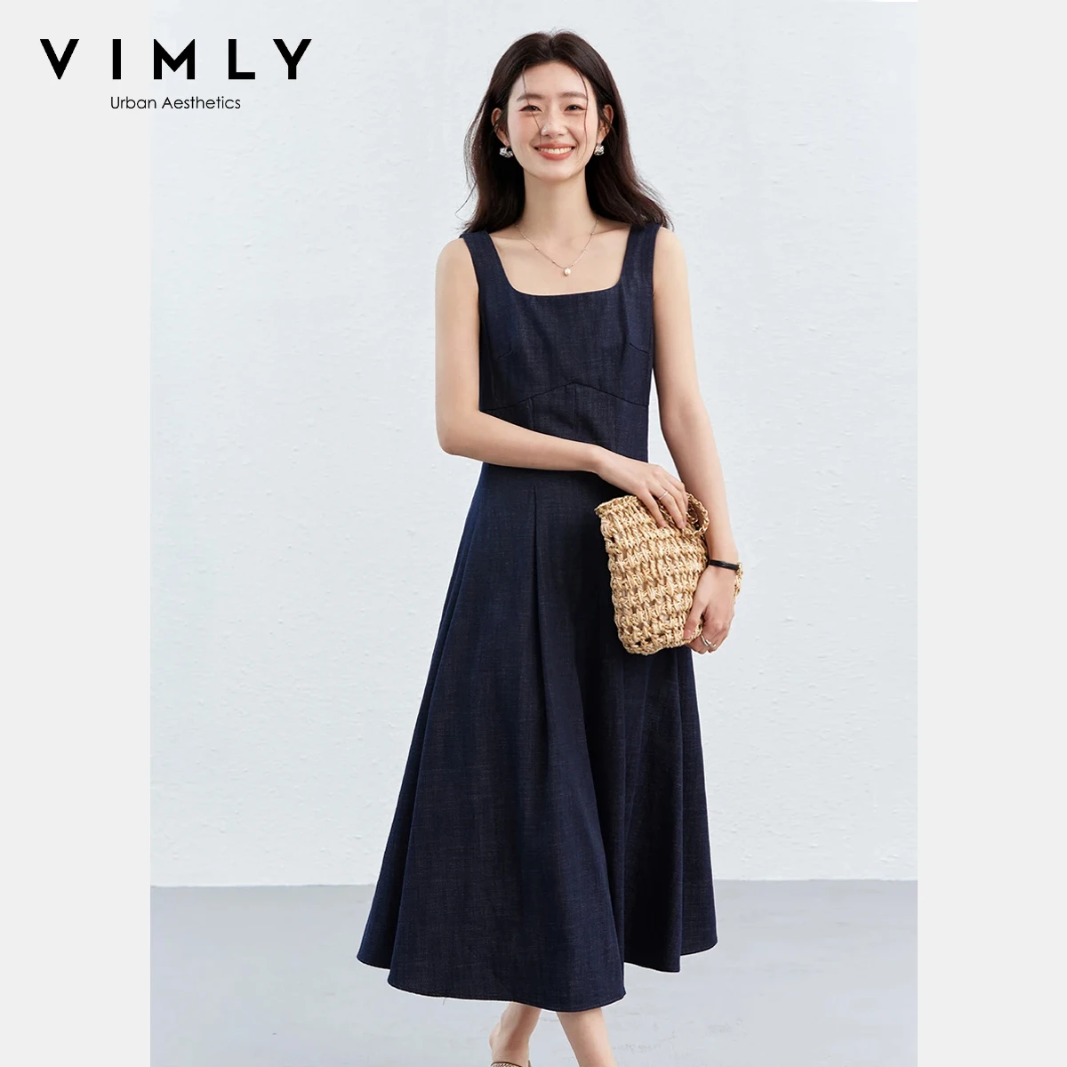 

VIMLY Women's Denim Blue Sleeveless A-Line Dress 2026 Summer New French Vintage U-Neck Cinched Waist A-Line Casual Dress A3852