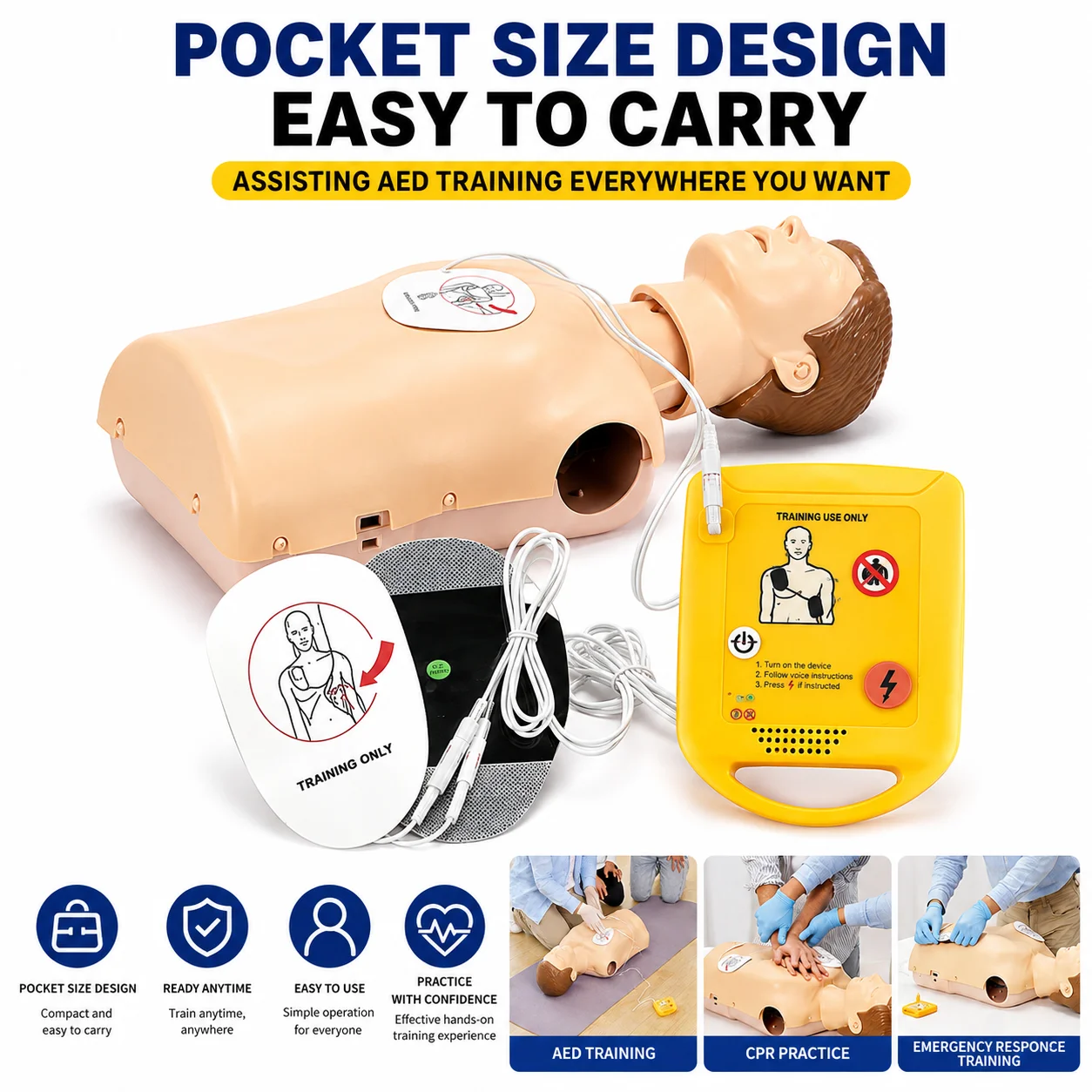 Mini AED Trainer D0009 English Voice Prompt LED Guide AHA 2020 Guidelines Pocket Sized First Aid Training with Adult Child Pads