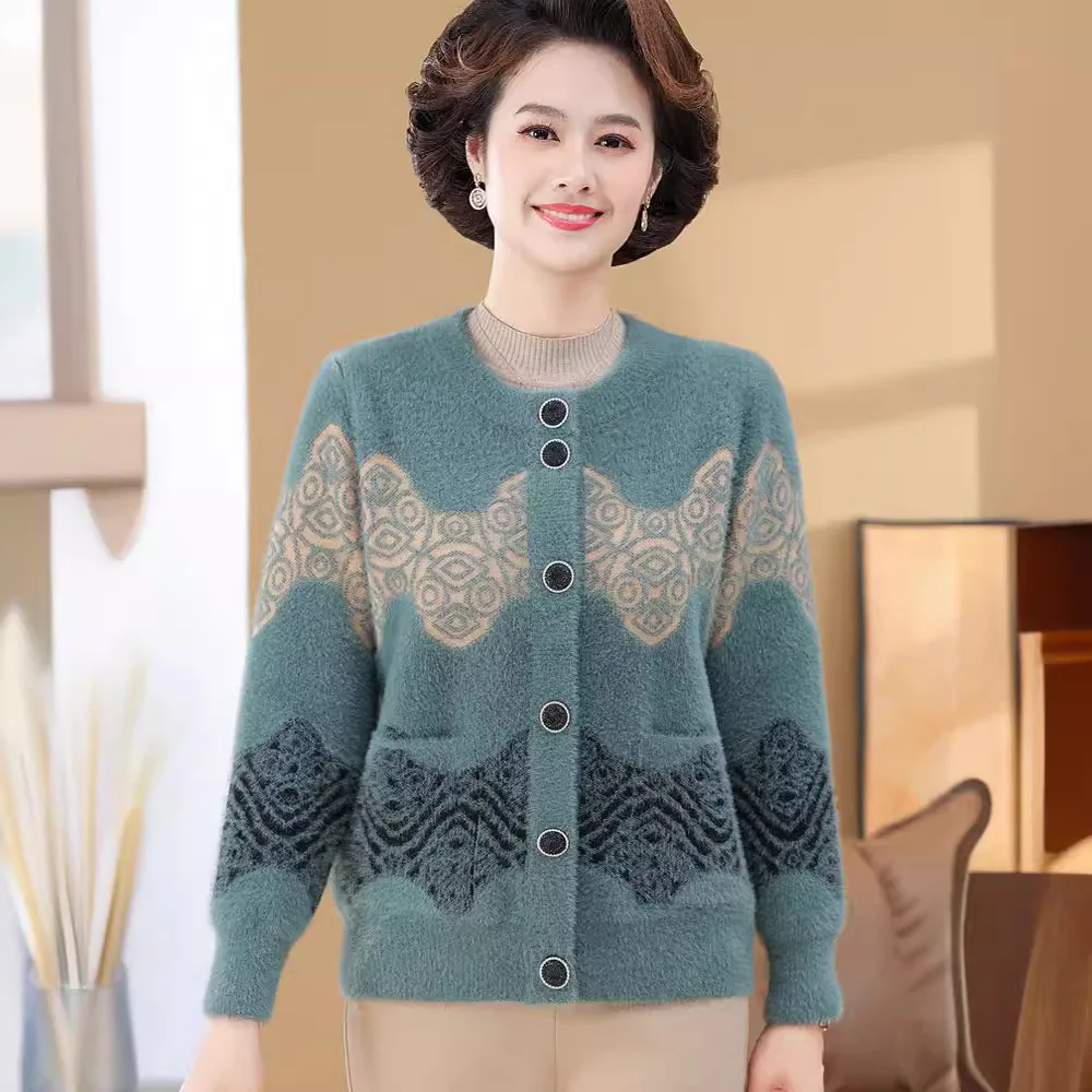 

Women Imitation Mink Velvet Jacket New Middle-aged Clothes Long Sleeve Knitted Cardigan Sweater Jacket Coat Female Casual Top