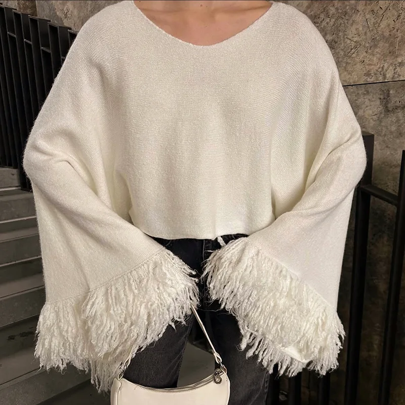 

Blifanbo Autumn Winter Furry Sleeve Loose Knitted Top For Women Fashion Patchwork Long Sleeve Female Casual Short Top Streetwear