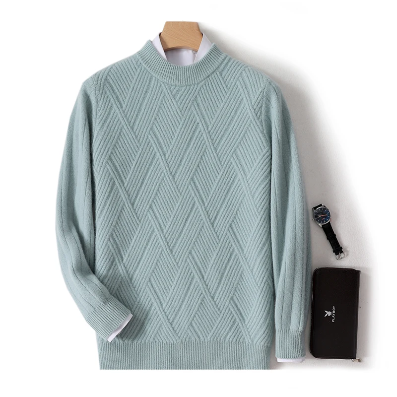 

High-end 100%Pure Wool Sweater Autumn Winter Thick Men Sweater Long Sleeve Mock-Neck Pullovers Herringbone flowers Warm Knitwear