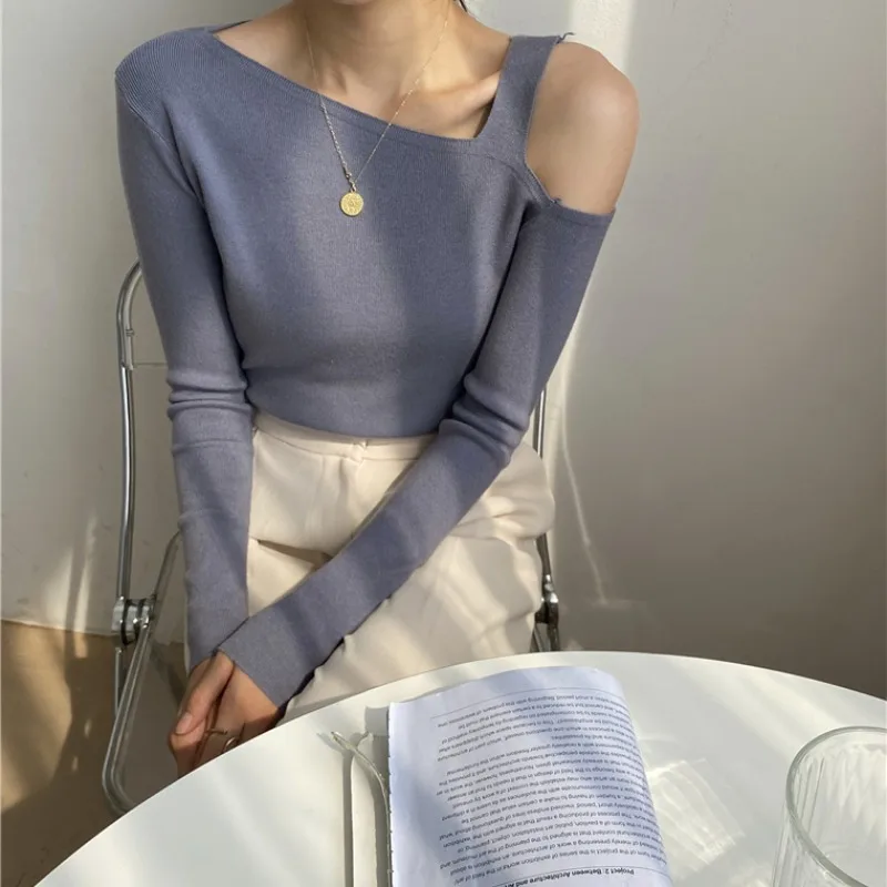 Komiyama Feminino Off Shoulder Womens Clothing Long Sleeve Y2k Sweater Asymmetrical Pullover Tops Bottomed Women Knitwears