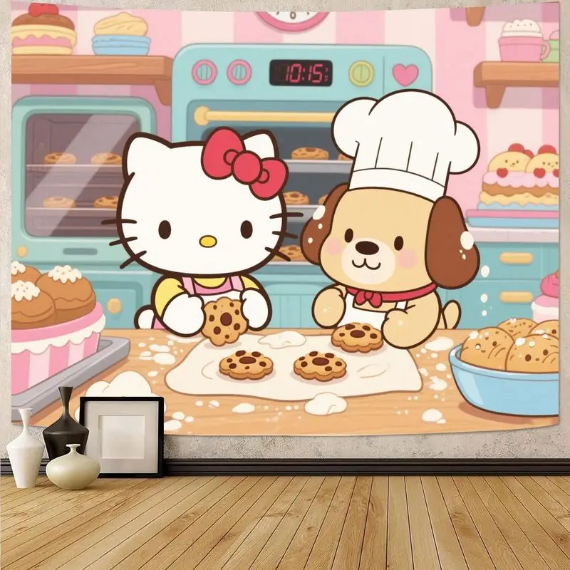

1PC Sanrio Hello Kitty Pompompurin Baking Cookies Kawaii Pastel Kitchen Tapestry, Girls Kids Bedroom Wall Art Gift