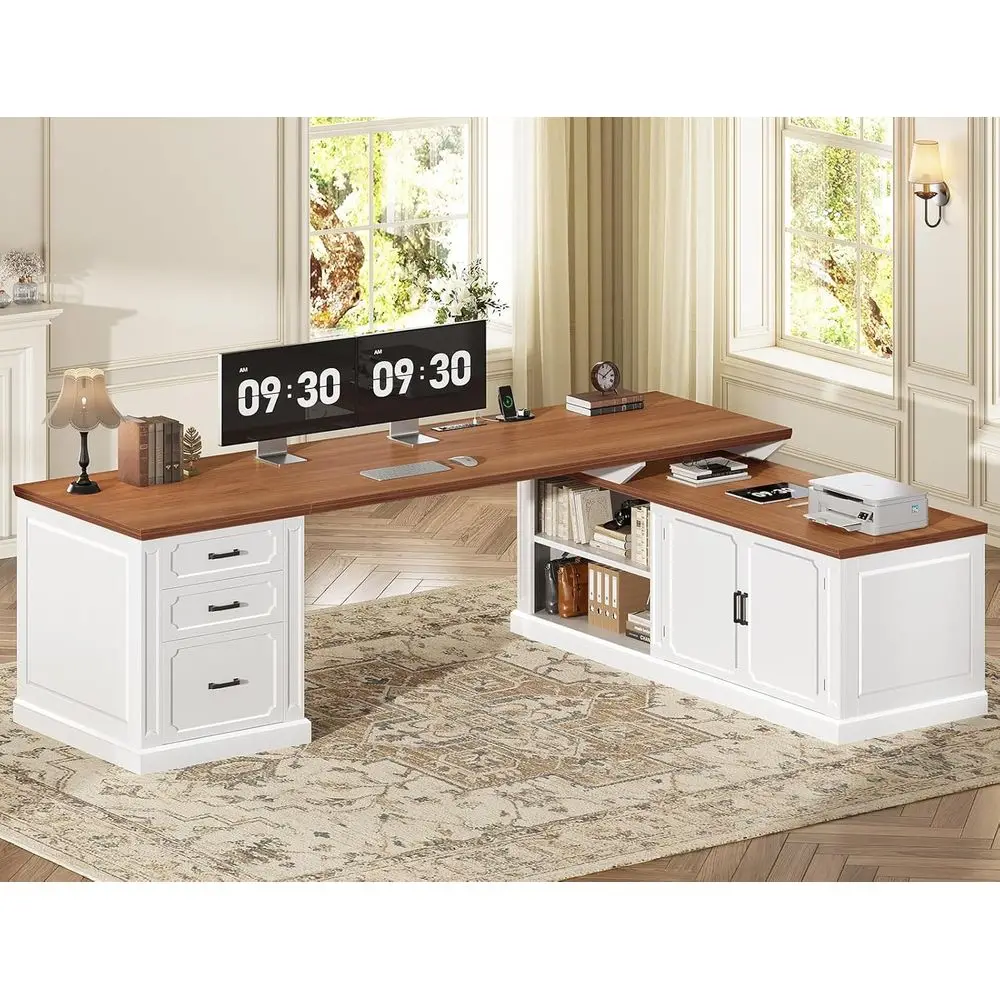 

Угловой стол с ящиками, белый офисный стол 70,9 дюйма, шкаф для хранения и полки, компьютерный стол с розеткой