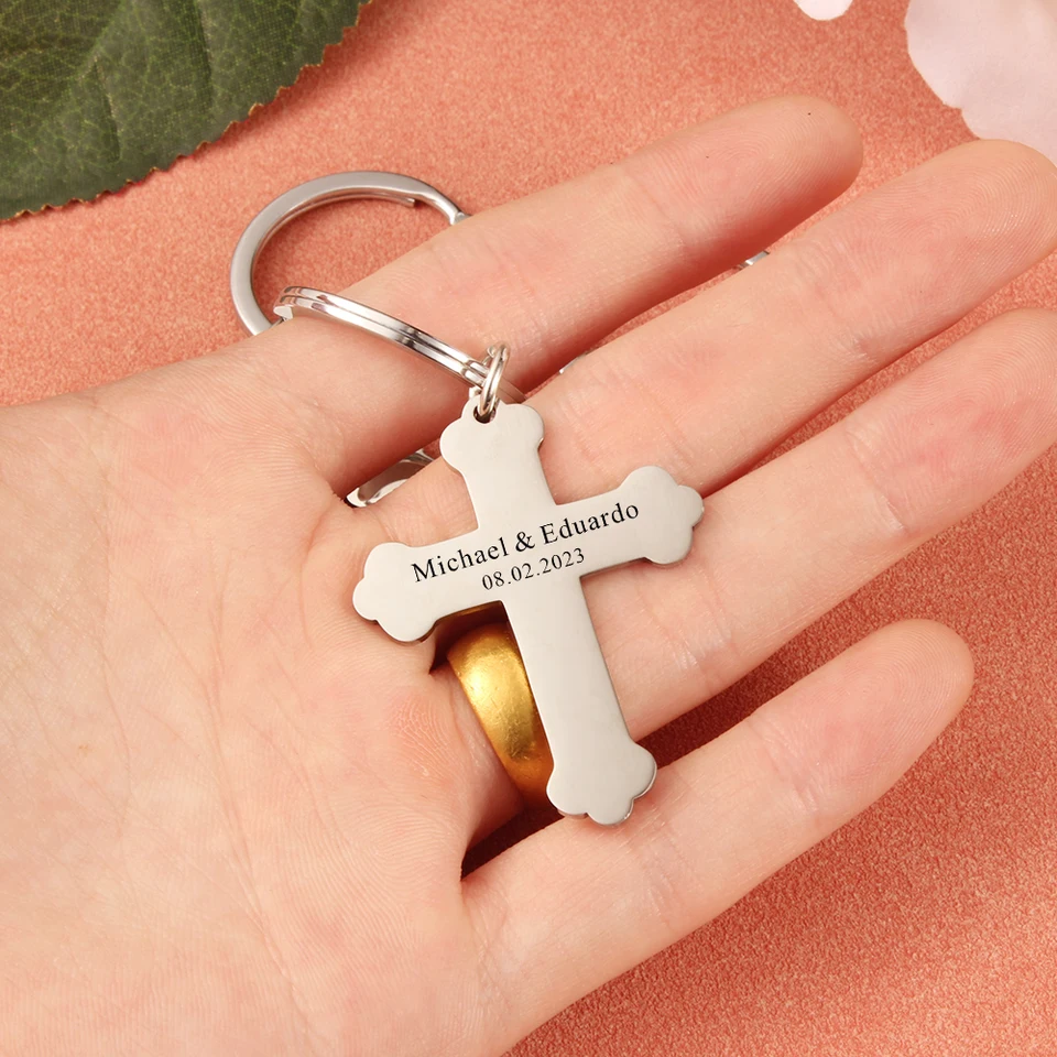 Personalized Laser Engraving Name And Date Cross Keychain Custom