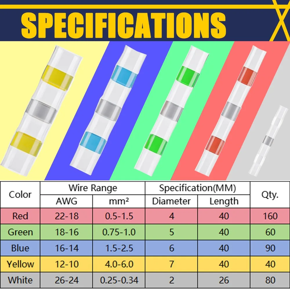 50-1200PCS Waterproof Solder Seal Wire Connectors Heat Shrink Butt Crimp Terminals Electrical Cable Splice for Automotive Marine