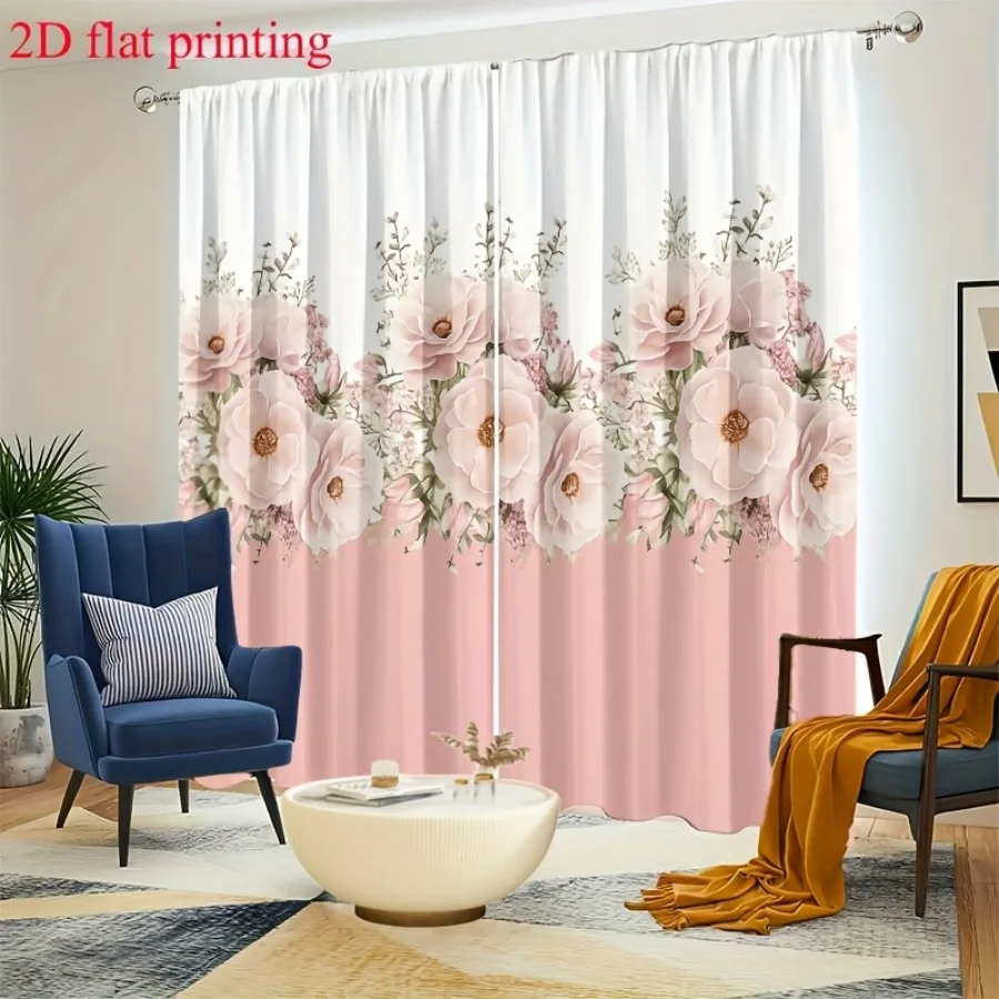 2PCS Digital Print Curtains, Pink Ripple Flower Language, Soft Floral Whisper Decor Gentle Pastel Bloom Romantic Bedroom Drapes