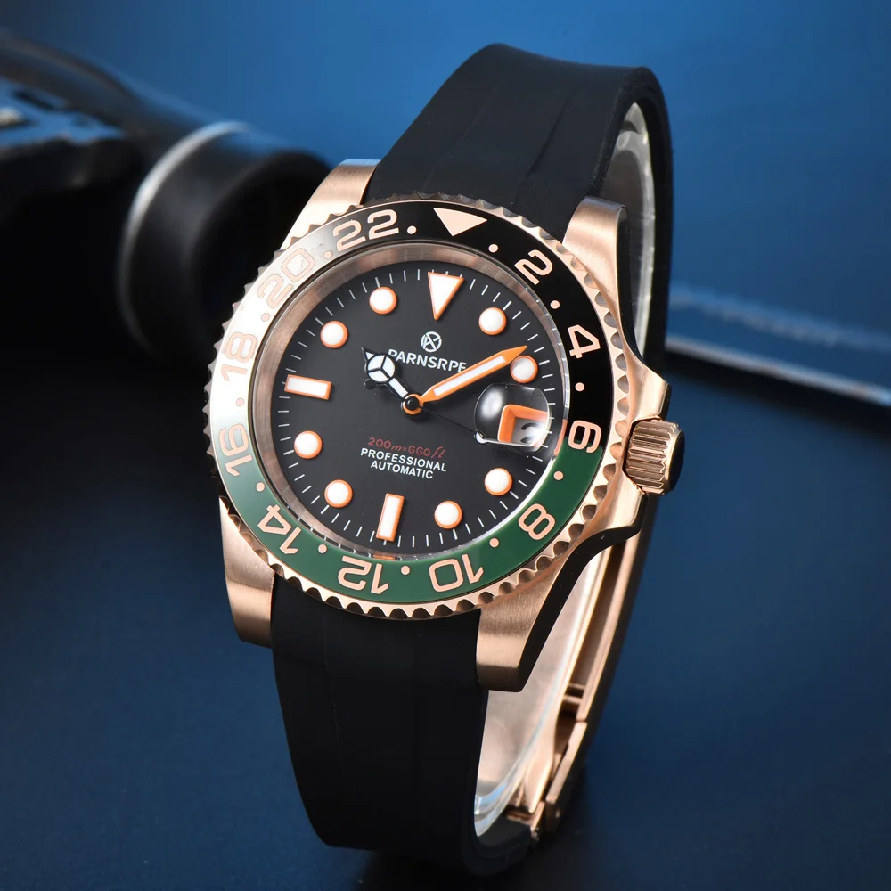 

Men's Rose Gold 40MM NH35 Watch Sapphire Glass Stainless Steel Case Rubber Strap Ceramic Bezel Fashion Watch
