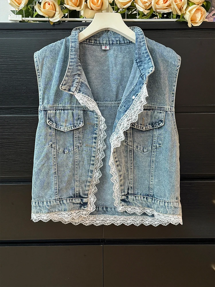 Retro Lace Patchwork Denim Vest For Women Summer Versatile Round Neck Single Breasted Tops Korean Casual Sleeveless Female Coats