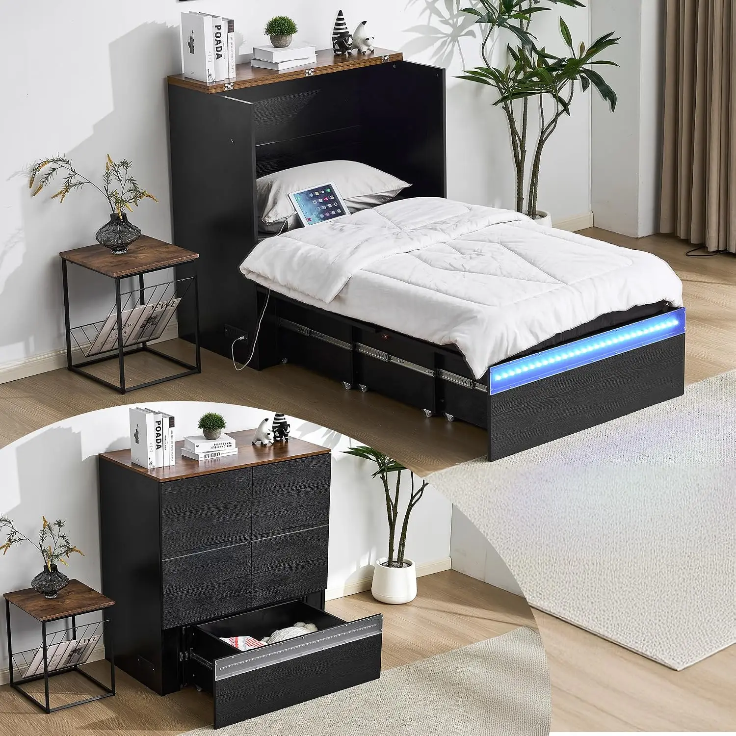Twin Murphy Bed with LED Lights, Storage Drawer & Charging Station, Space-Saving Cabinet Bed for Kids Adults, Black, Customized