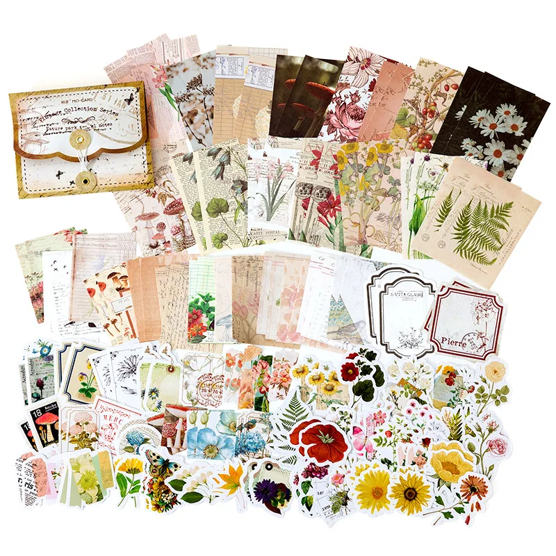 150 Pieces Vintage Aesthetic Scrapbooking Paper and Sticker Supplies Pack,Flower Butterfly Decals Nature Retro Collection Kit