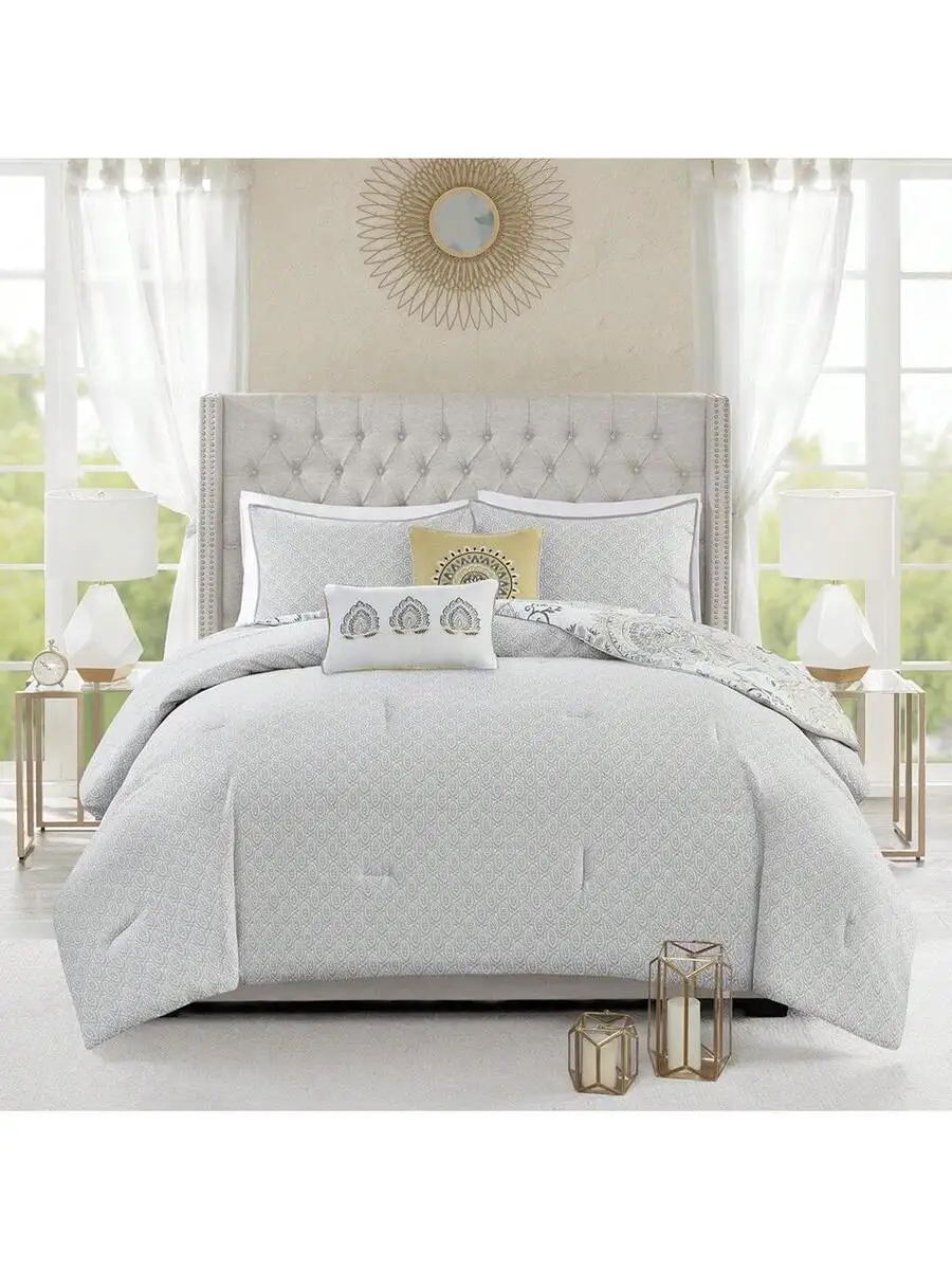 

Reversible Comforter Set With Bed Skirt And Decorative Pillows Floral Medallion Gray 8 Piece