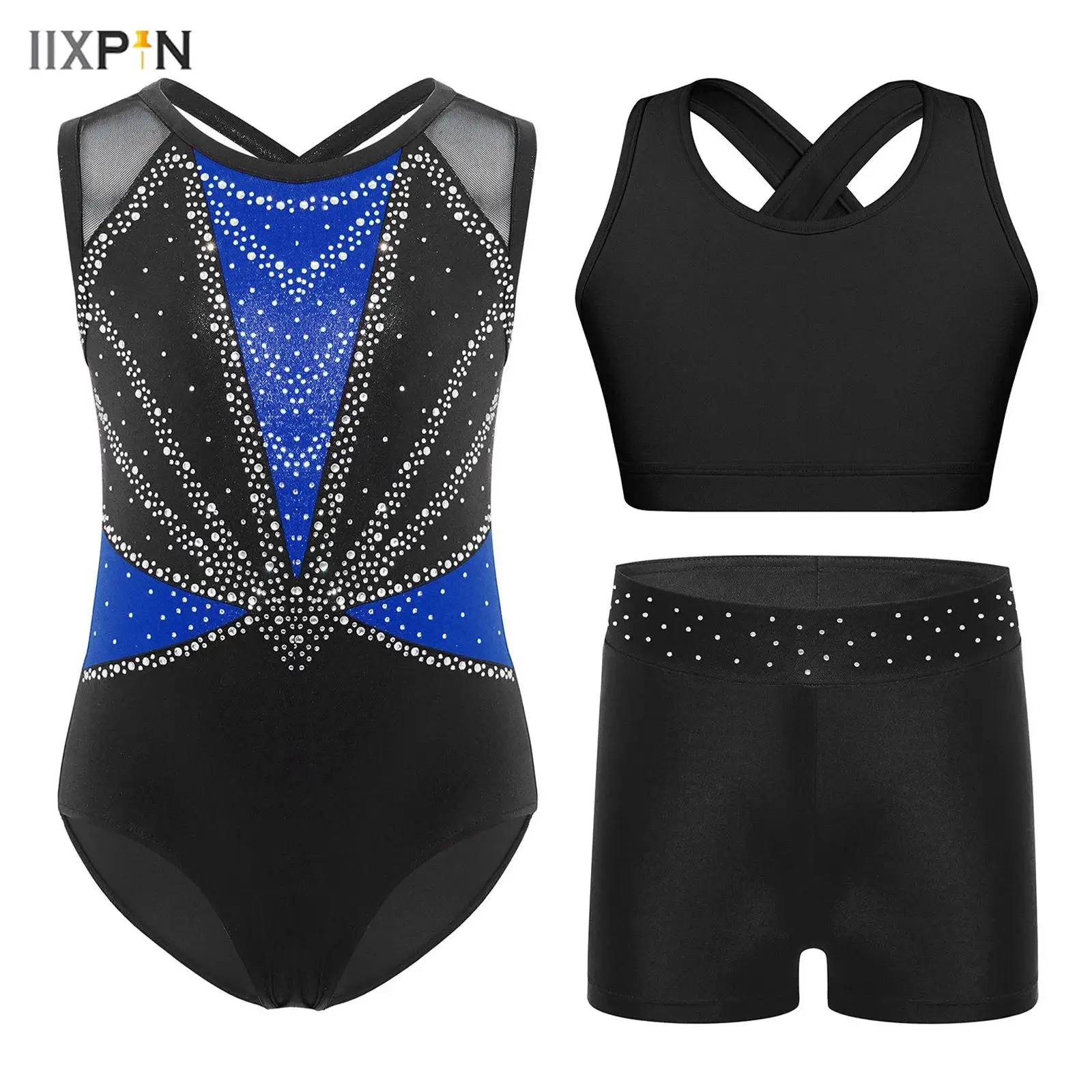 

Kids Girls Rhythmic Gymnastics Bodysuit Outfit Sleeveless Crisscross Back Shiny Rhinestones Color Block Leotard+Vest+Shorts 3Pcs