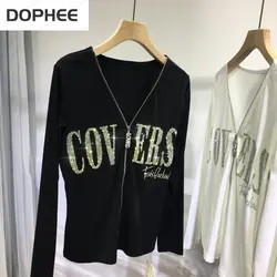 Letters Hot Drilling Zipper V-neck Women Basic Top 2023 New Autumn Winter Long Sleeve Slimming T-shirt All-match Cotton Tees