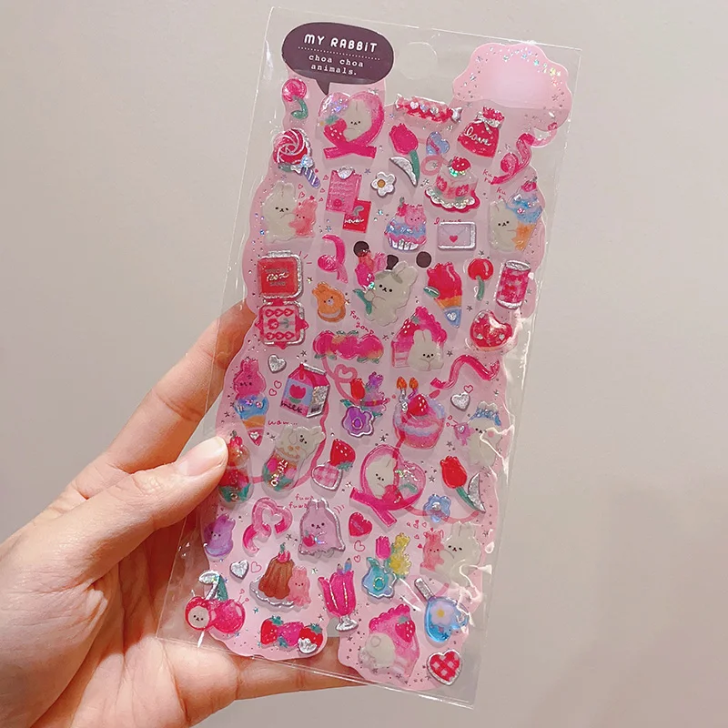 Kawaii Glittering Puppy Rabbit Bear Cat 3D Stickers Scrapbooking Diy Journal Cute Sticker Sheet Stationery Decor Aesthetic Gift