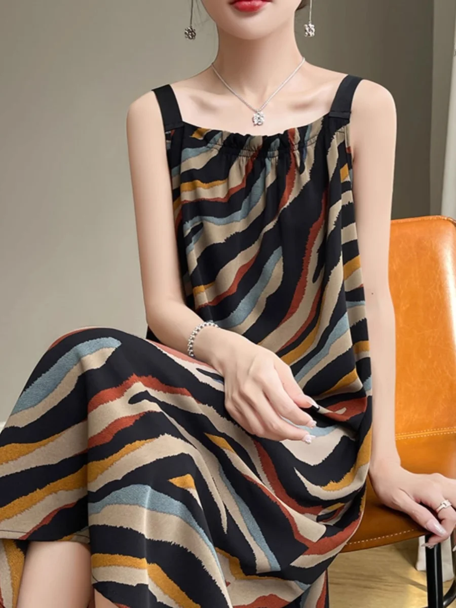 Loose Korean Sle Satin Snowflake Print Acetate Strap Dr Long A-Line Gown Casual Summer Travel Beach Vest Dr