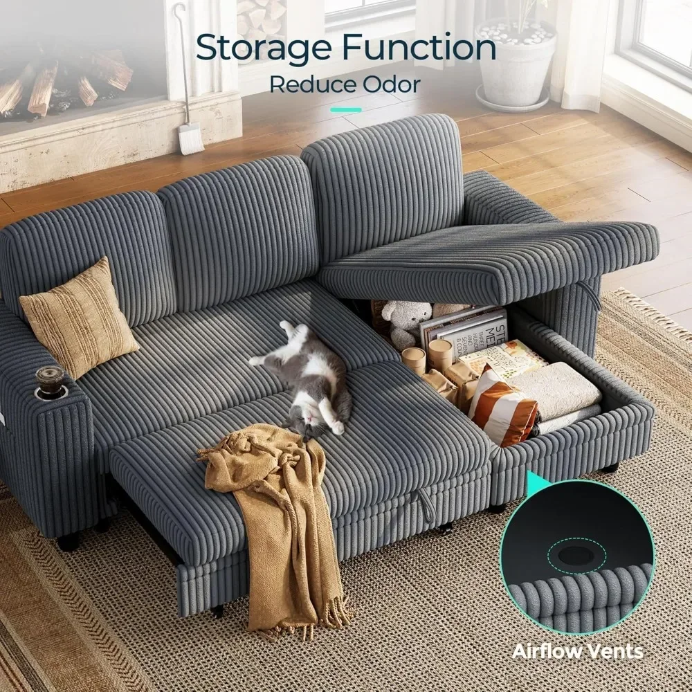 

Sectional Sleeper Sofa with Pull Out Couch Bed Convertible Plush Corduroy Cloud Couch w/ Storage Chaise & USB Charging,Sofa Bed
