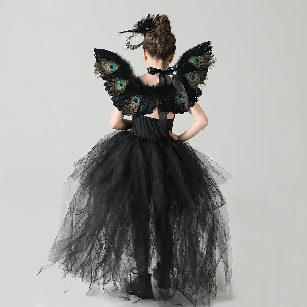 Halloween Dresses for Girls Mesh Puffy Dress Peacock Paragraph Holiday Performance Dress Black Sequin Trailing Dress