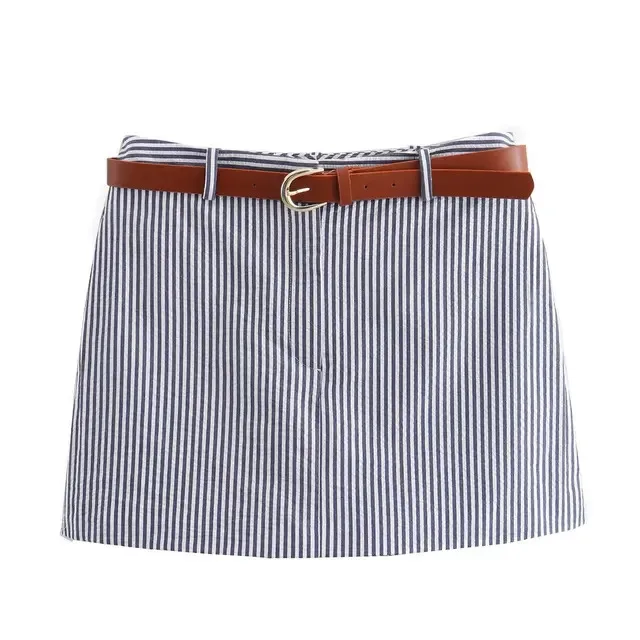 New Women Elegant Stripe With Belt Decoration Casual Mini Culottes Summer Woman Zipper High Waist Chic Slim Shorts Street