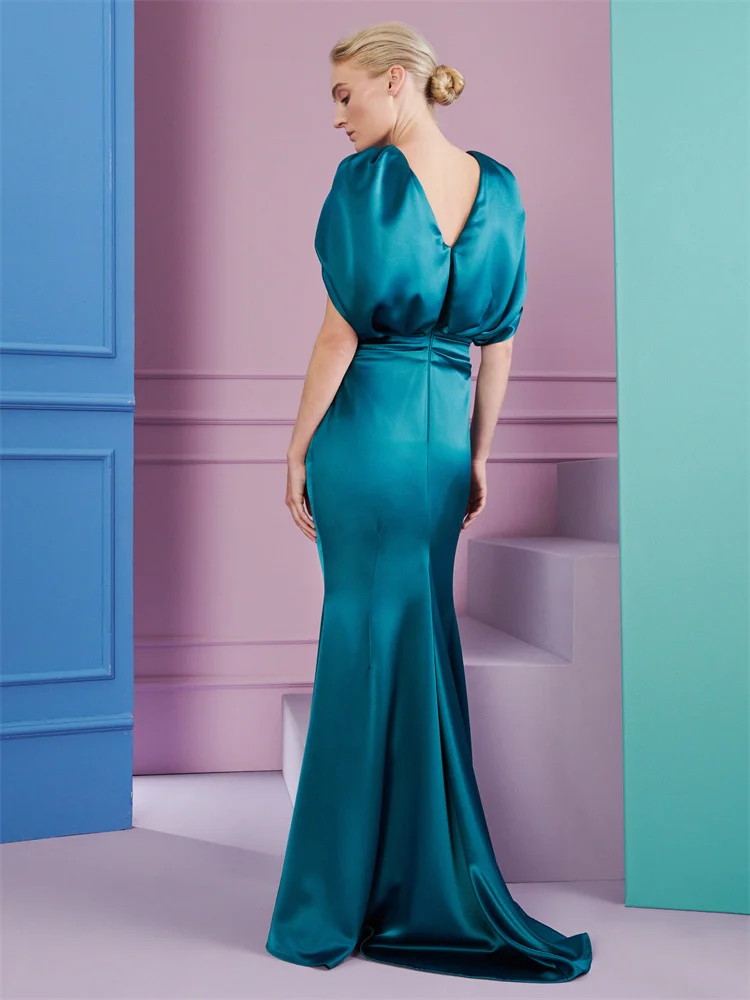 Hot Selling Crew Neckline Half Sleeves Satin Mermaid Evening Dress Elegant Back Zipper Floor Length Sweep Train Gown For Women