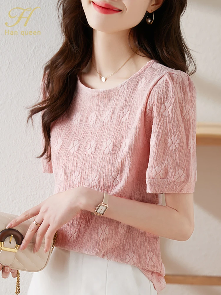 H Han Queen Summer Blouse Youthful Woman Clothes Simple Office Short Sleeve Shirt Vintage Casual Tops Korean Loose Blouses Women