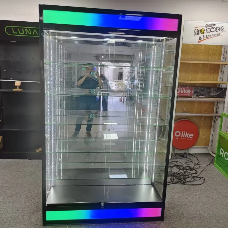 Custom, smoke shop glass showcase with color light retail boutique store display cabinet tobacco shop display furnitur