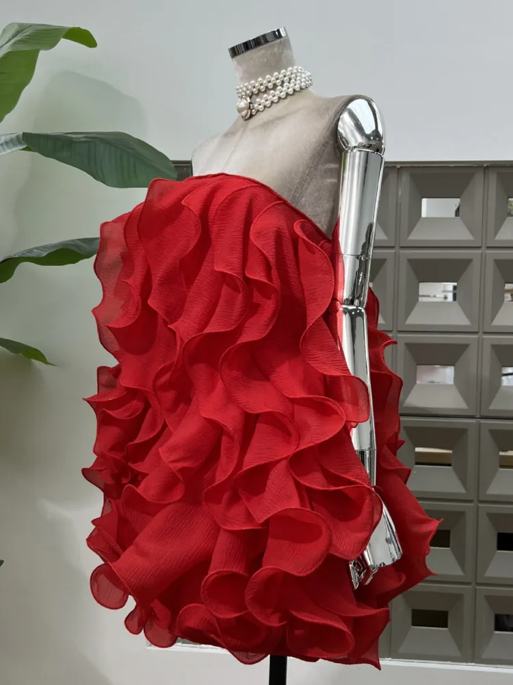 Dfdg elegante vestido tubo sem alças em camadas babados bainha pura silhueta esculpida 2025 primavera verão vestido de festa cocktail