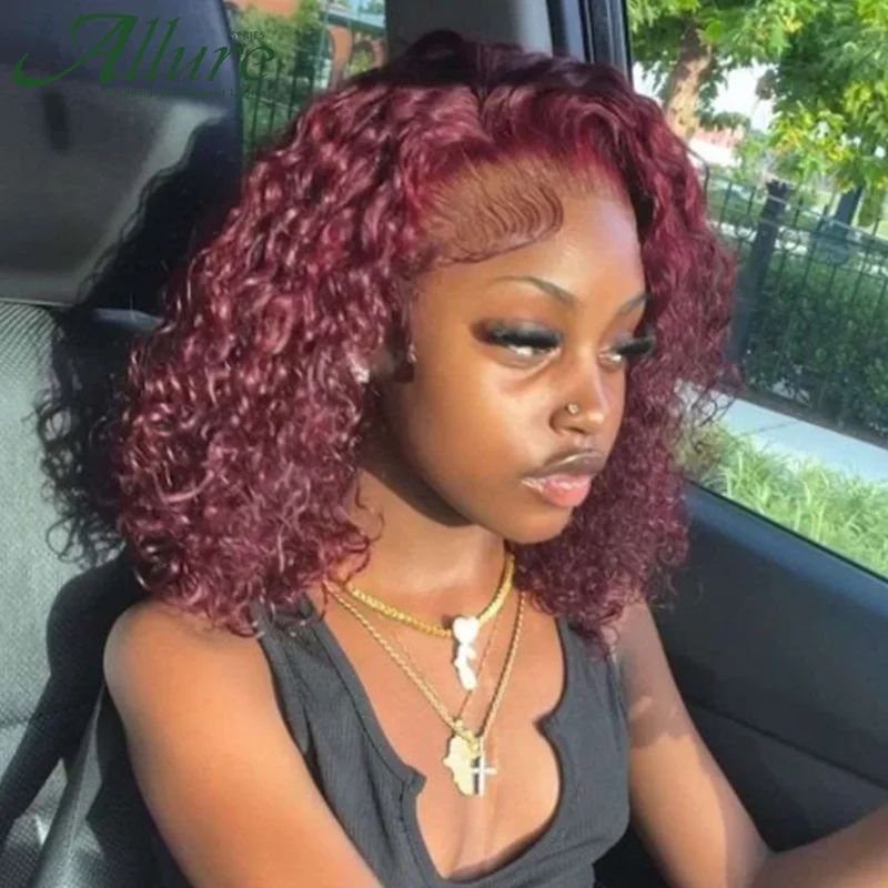 180D Burgundy Deep Wave Curly Human Hair Wigs Women Short Brazilian Bob Lace Front Wig 99j Black Brown Wet and Wavy Wigs Allure