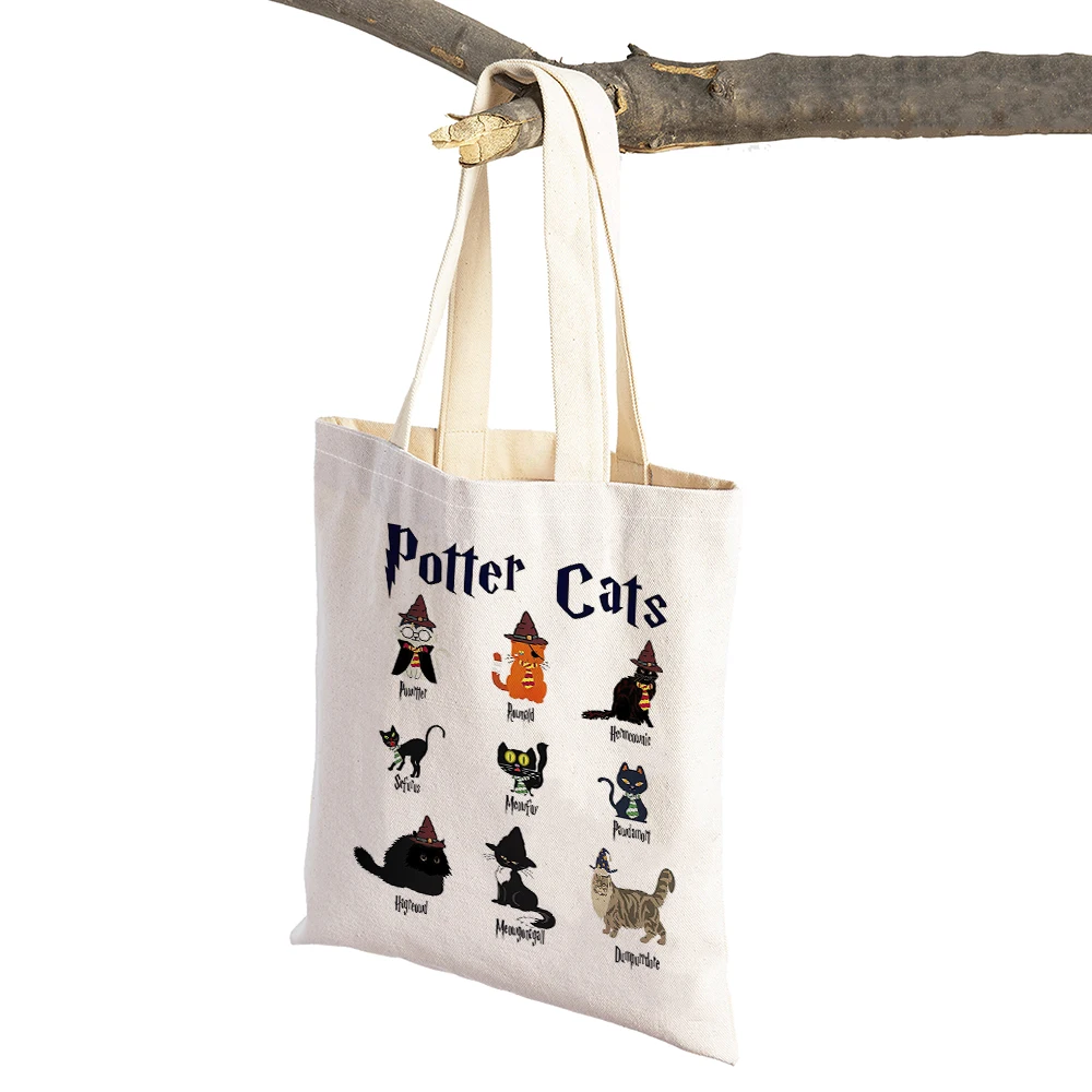 Children Gift Potter Cats Women Shopping Bags Double Print Casual Cartoon Pet Animal Lady Canvas Handbag Tote Shopper Bag