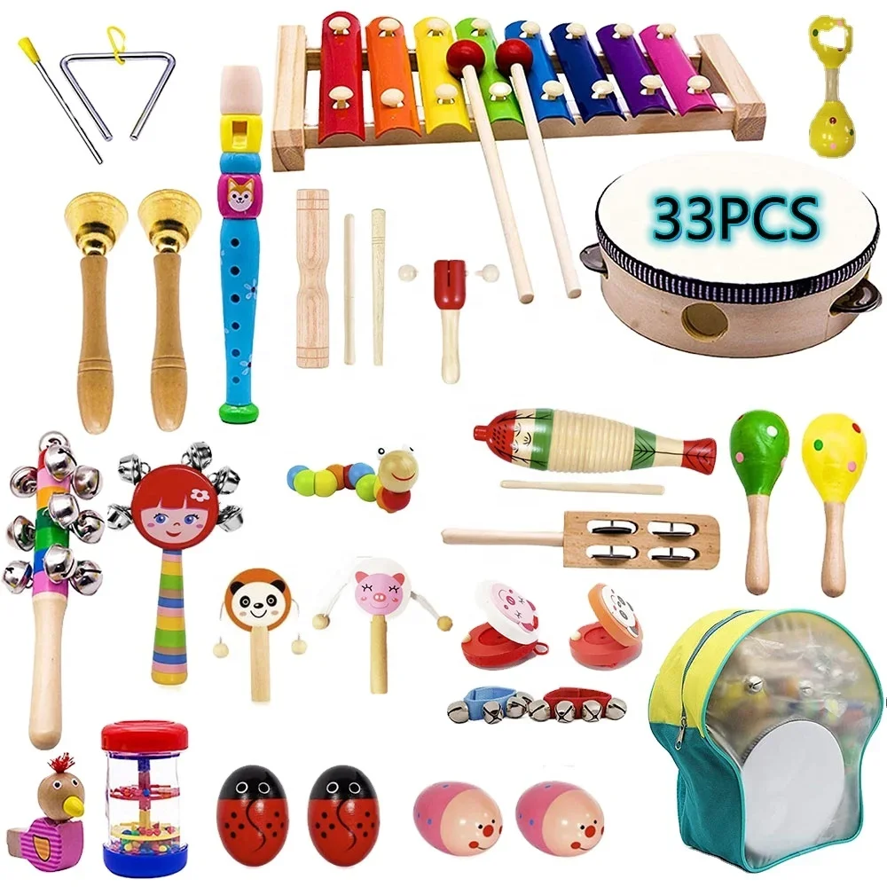 Kids Musical Instruments, 33 PCS 20 Types Wooden Instruments Tambourine Xylophone Toys for Kids Children, Preschool Educational