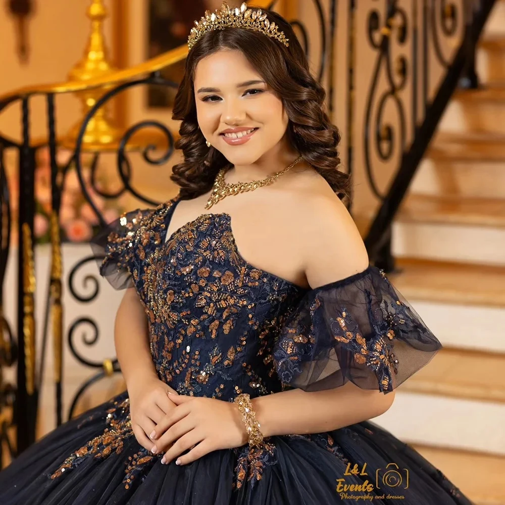 Dark Navy Off The Shoulder Beading Ball Gown Quinceanera Dresses Sequined Appliques Lace Corset Vestidos De 15 Años