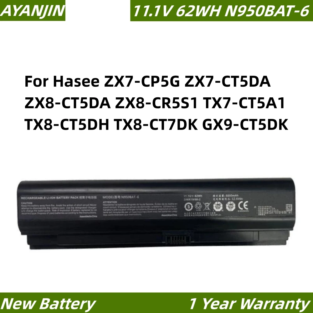 N950BAT-6 11.1V 62WH  Laptop Battery For Hasee ZX7-CP5G ZX7-CT5DA ZX8-CT5DA ZX8-CR5S1 TX7-CT5A1 TX8-CT5DH TX8-CT7DK GX9-CT5DK