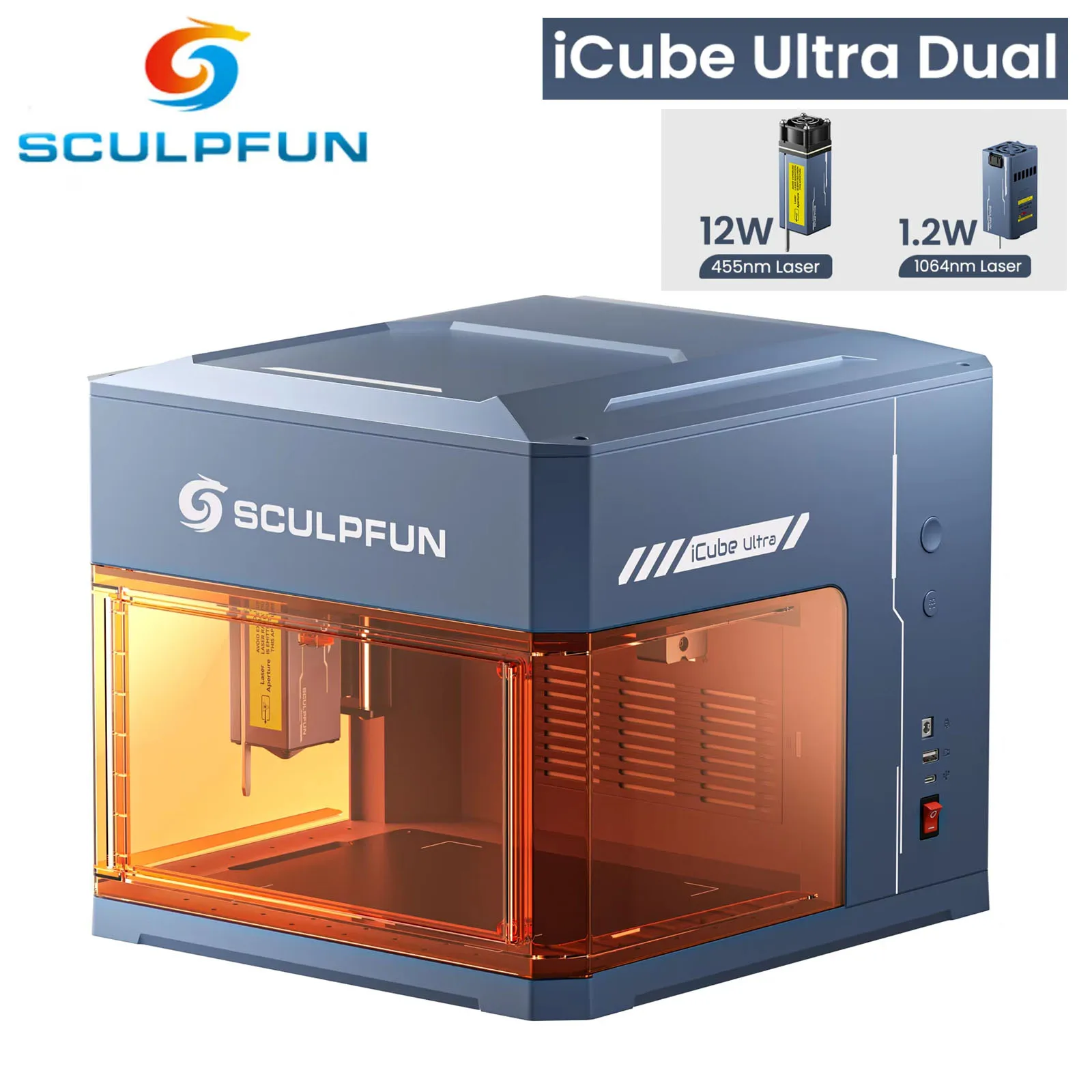 

Лазерный гравер SCULPFUN iCube Ultra Dual mini 12W+1.2W для гравировки и резки, станок с ЧПУ, гравер для акрила с управлением по Bluetooth