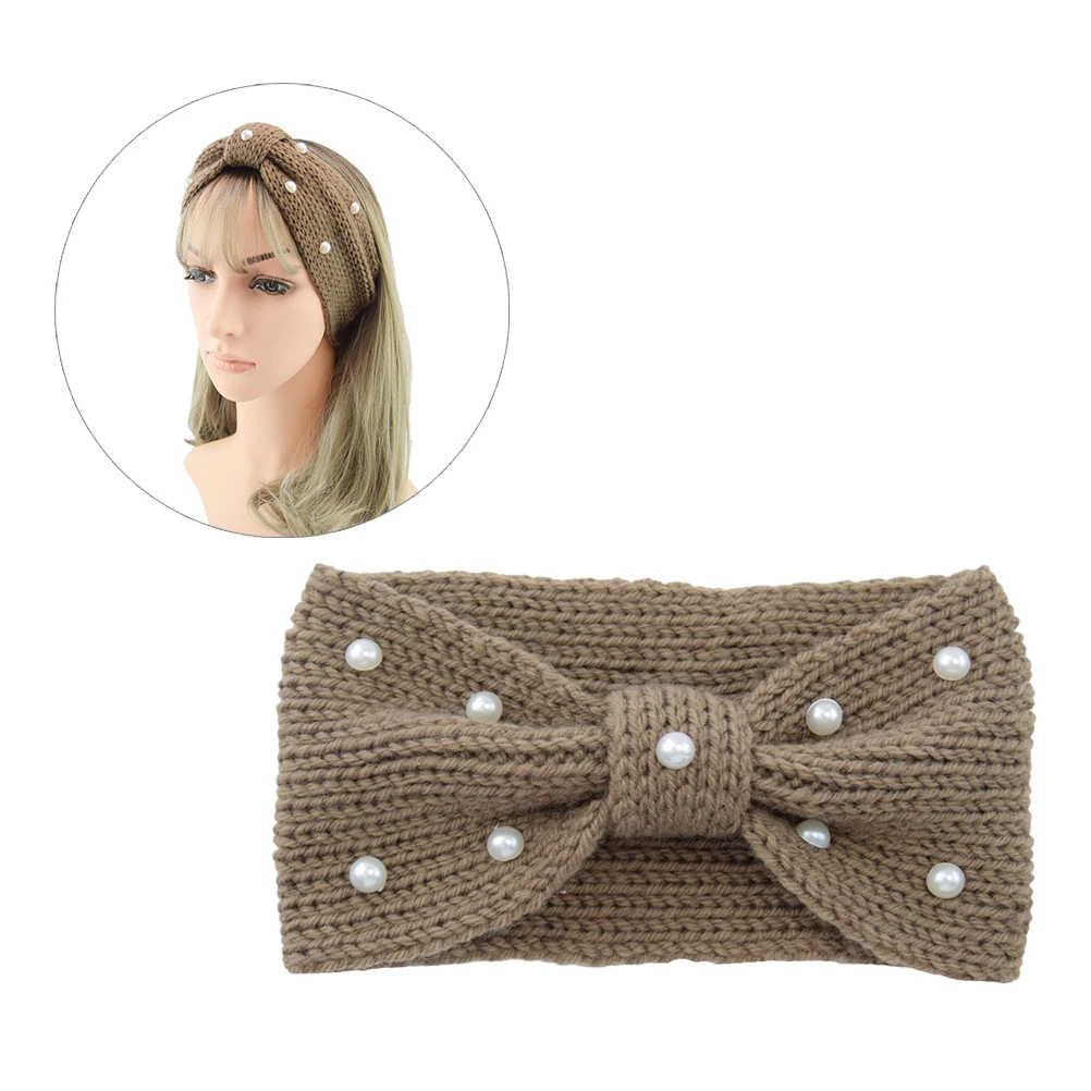 

1Pcs Pearl Crochet Headband Khaki Thick Knit Warm Winter Headwrap Outdoor Riding Camping Climbing Gift for Women